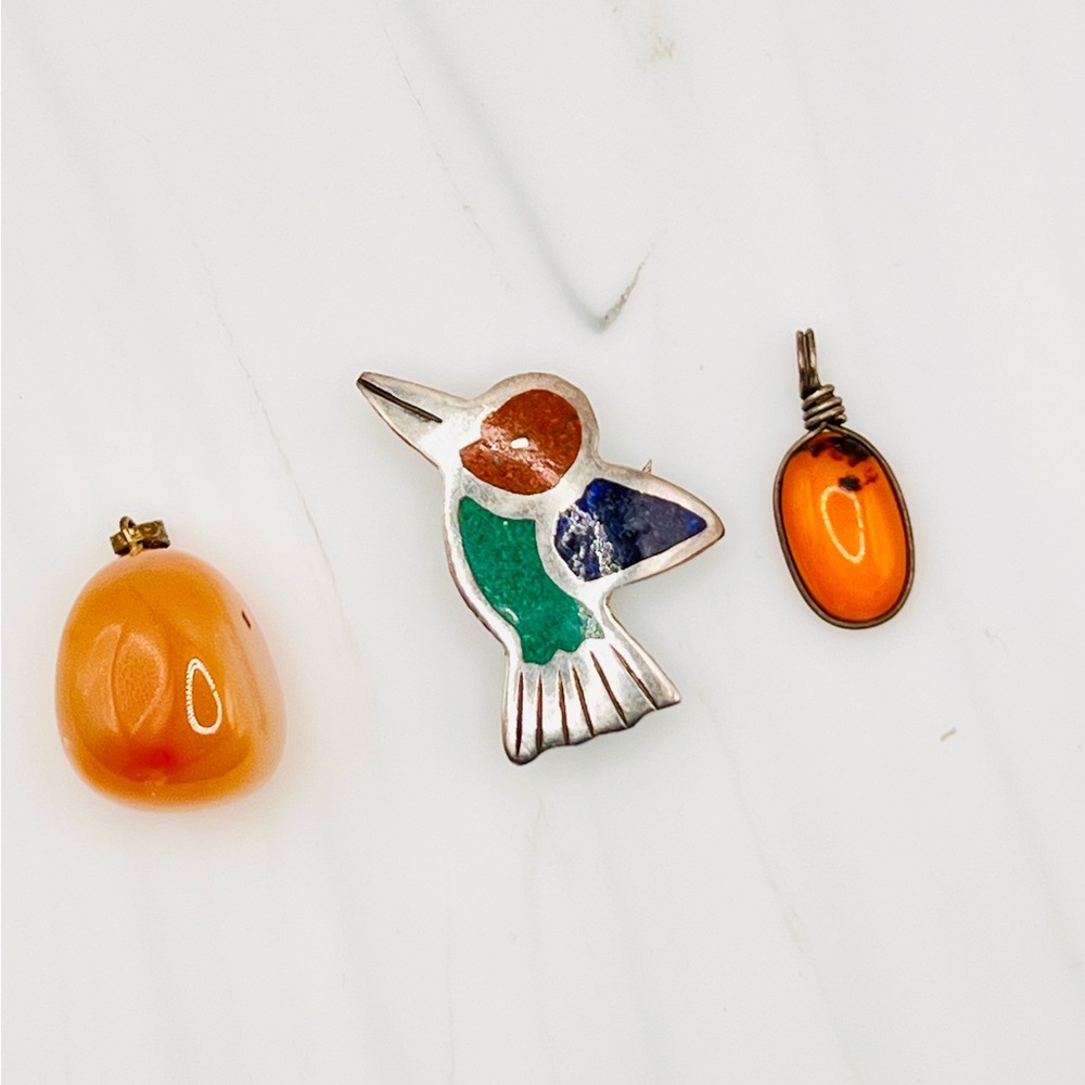 Bundle of 3 Handcrafted Pendants -Silver, Amber & Stone EUC - Picture 1 of 4